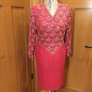 Vintage Red Silk Beaded Cocktail Dress S